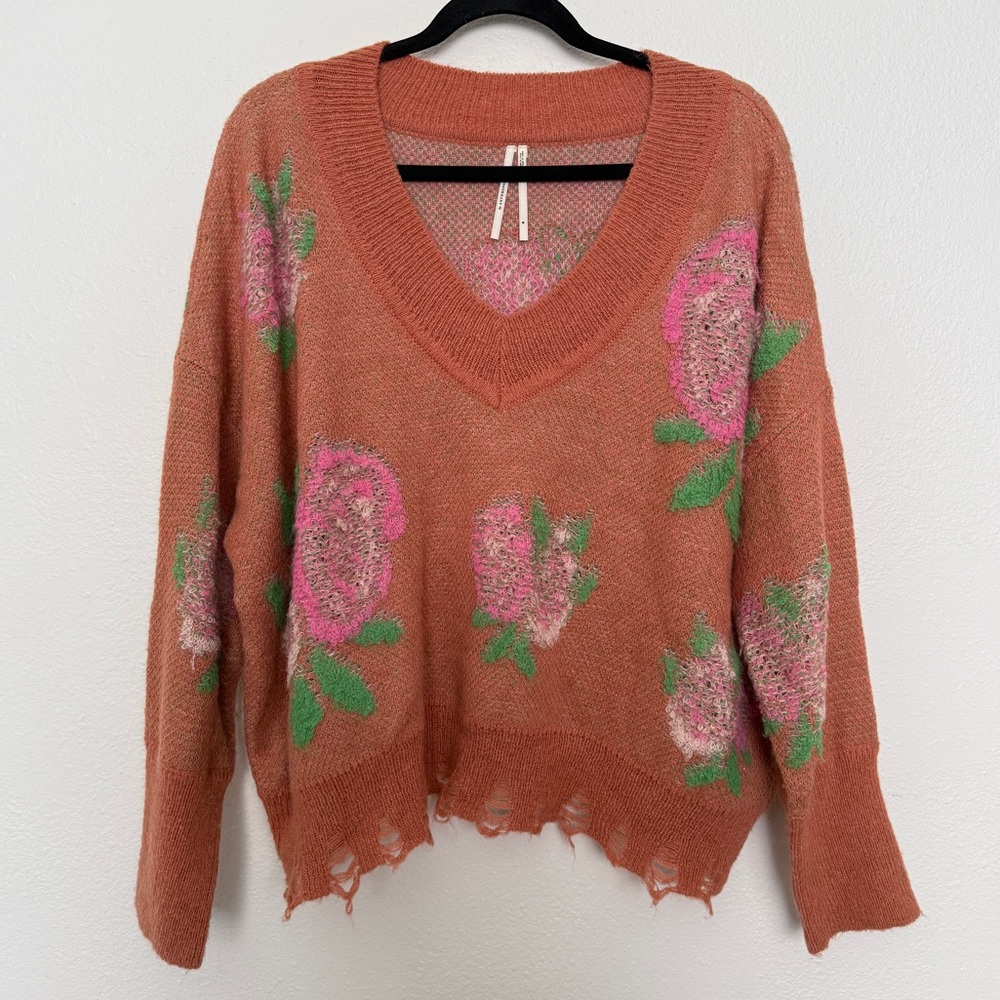 Anthropologie Drop Shoulder Floral Rose V-Neck Sweater - Picture 13 of 14